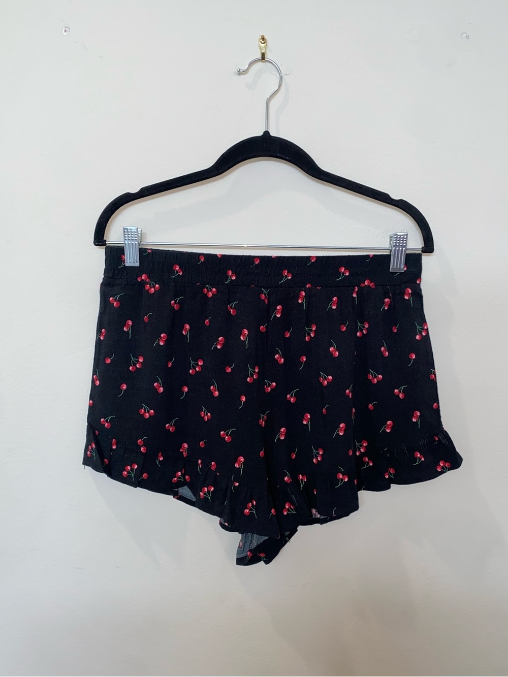 Forever 21 Black Cherry-Print High Waist Lounge Shorts with Feminine Ruffle Hem